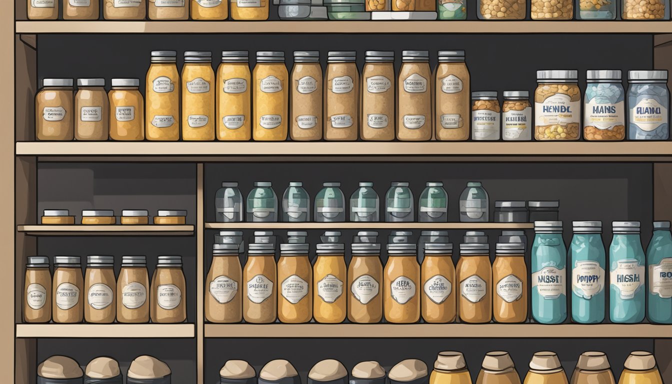 A sealed bag of hush puppy mix sits on a pantry shelf next to a row of neatly organized jars and cans