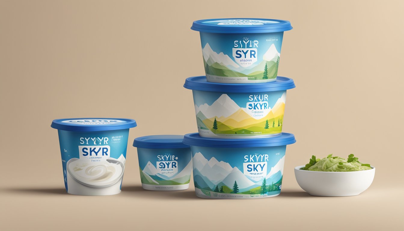 A container of Icelandic Provisions Skyr sits next to other yogurts, all with varying expiration dates