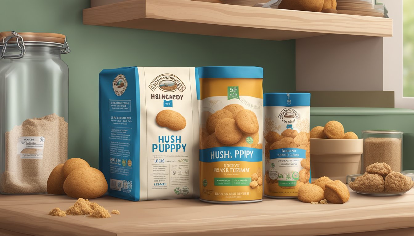 A bag of hush puppy mix sits on a pantry shelf, surrounded by other baking ingredients. The expiration date on the package is clearly visible