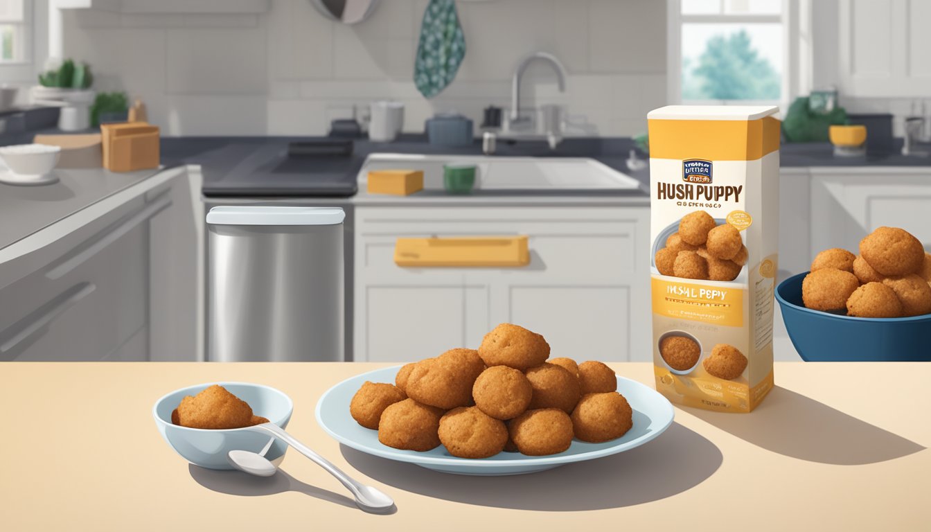 A bowl of hush puppy mix sits on a kitchen counter next to a measuring cup and spoon. A bag of mix is open in the background