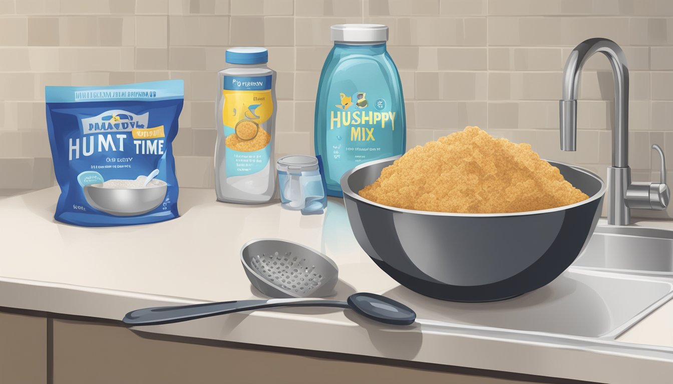 A bag of hush puppy mix sits on a kitchen counter, next to a bowl of water and a mixing spoon. A timer on the wall indicates the passage of time