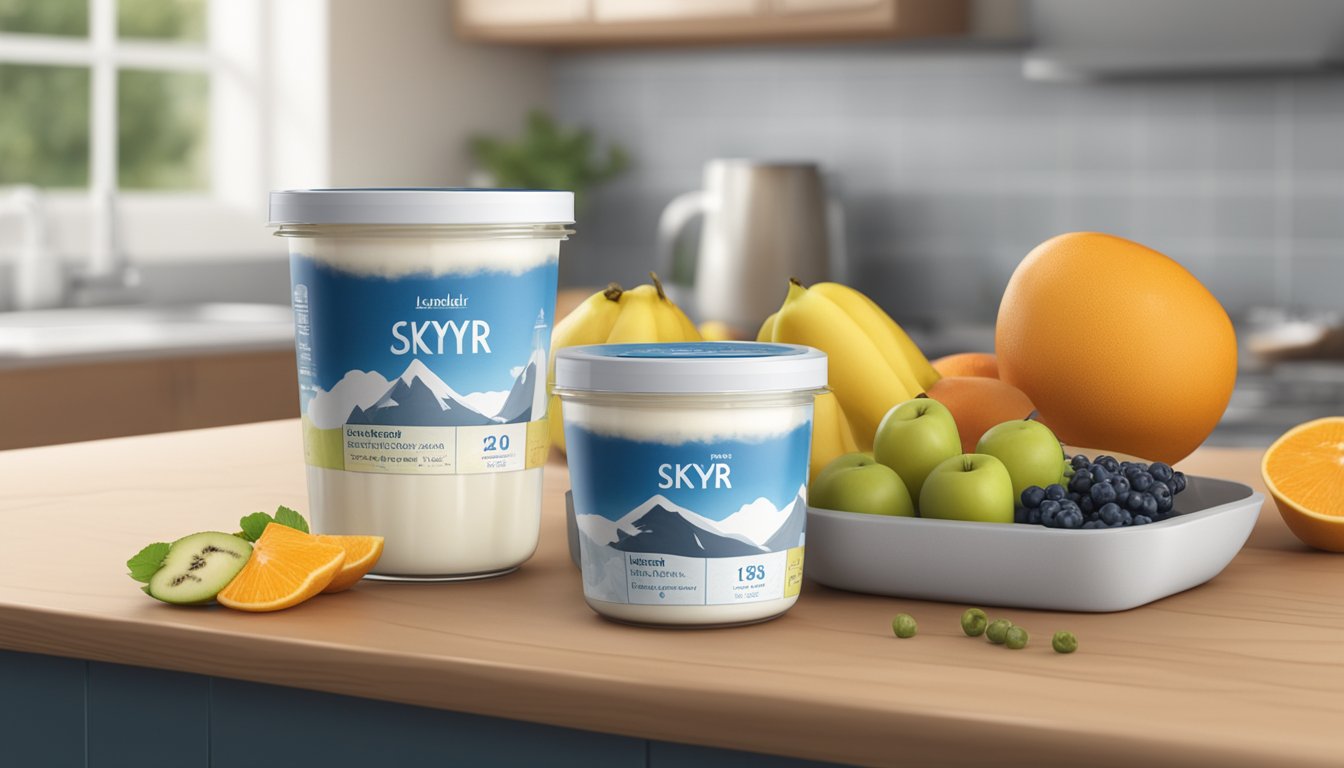 A container of Icelandic Provisions Skyr sits unopened on a kitchen counter, surrounded by fresh fruits and a calendar indicating the current date