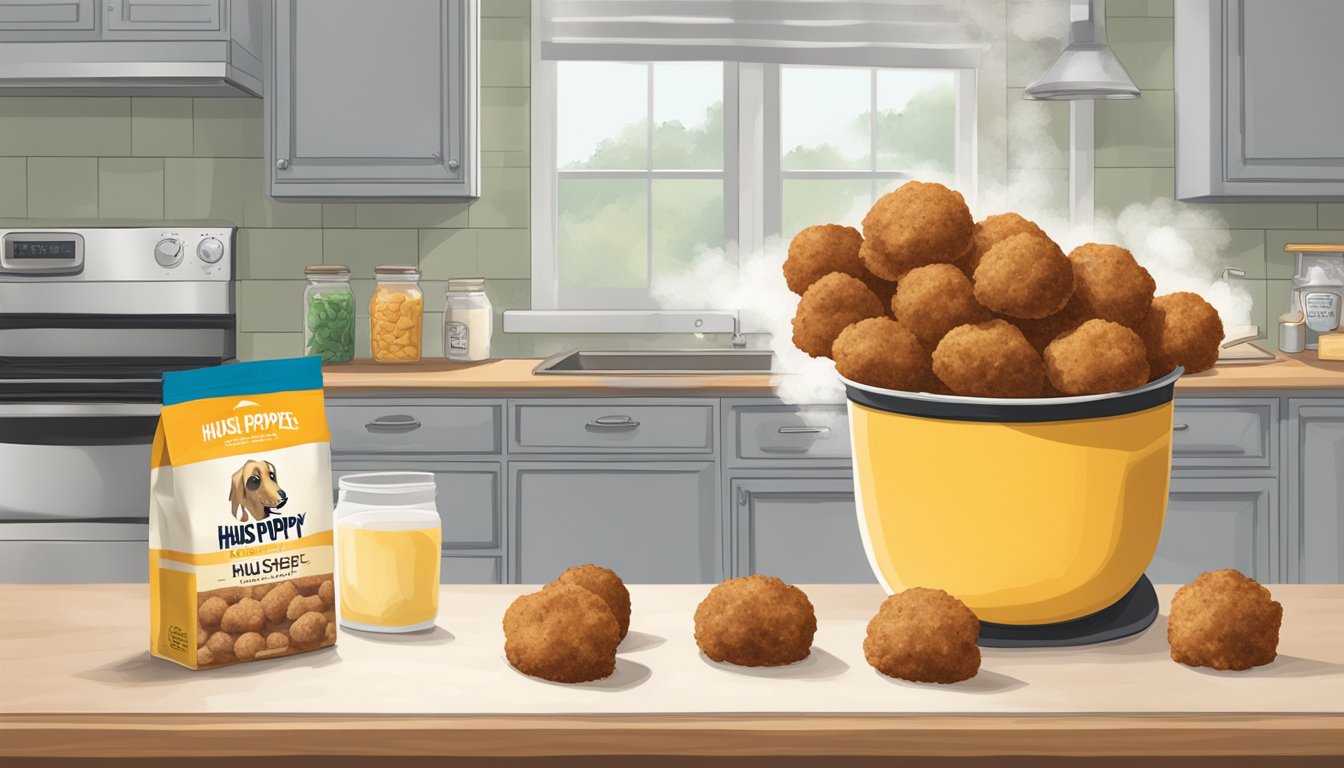 A bag of hush puppy mix sits on a kitchen counter, next to a freezer and a steaming pot of freshly cooked hush puppies