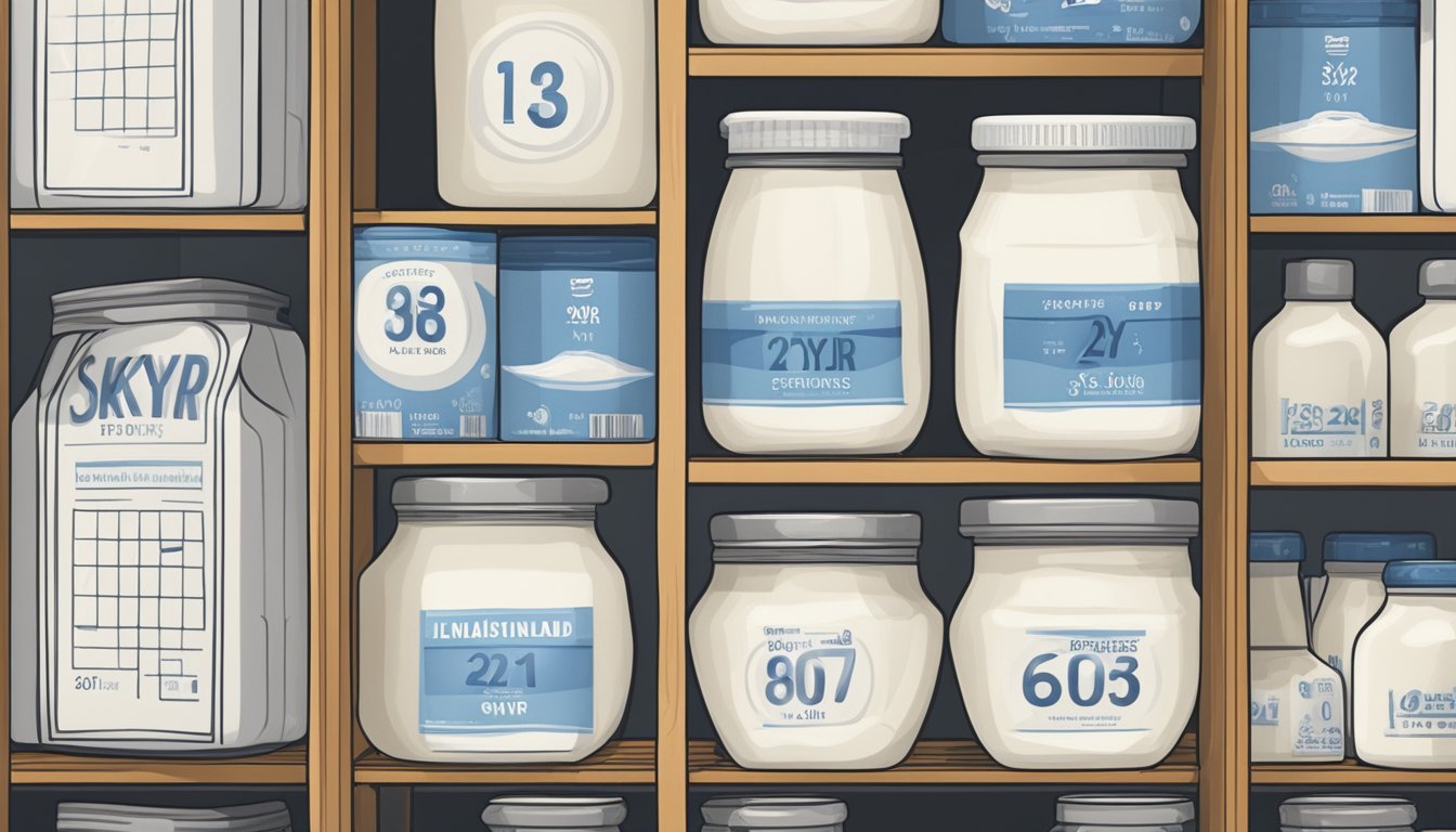 A container of Icelandic Provisions Skyr sits on a shelf next to a calendar showing the current date and an expiration date several weeks in the future