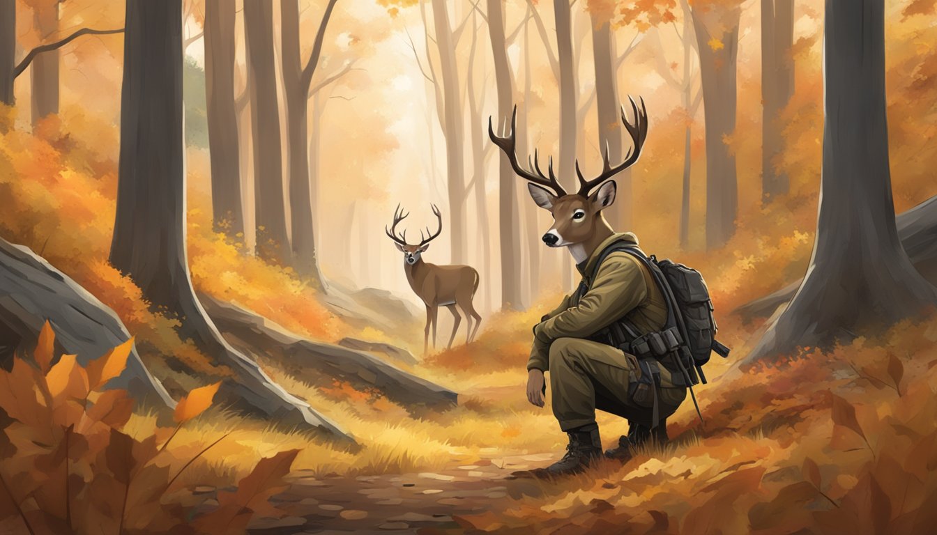 A bow hunter crouches in a wooded area, surrounded by autumn foliage. A deer stands alert in the distance, its ears perked up