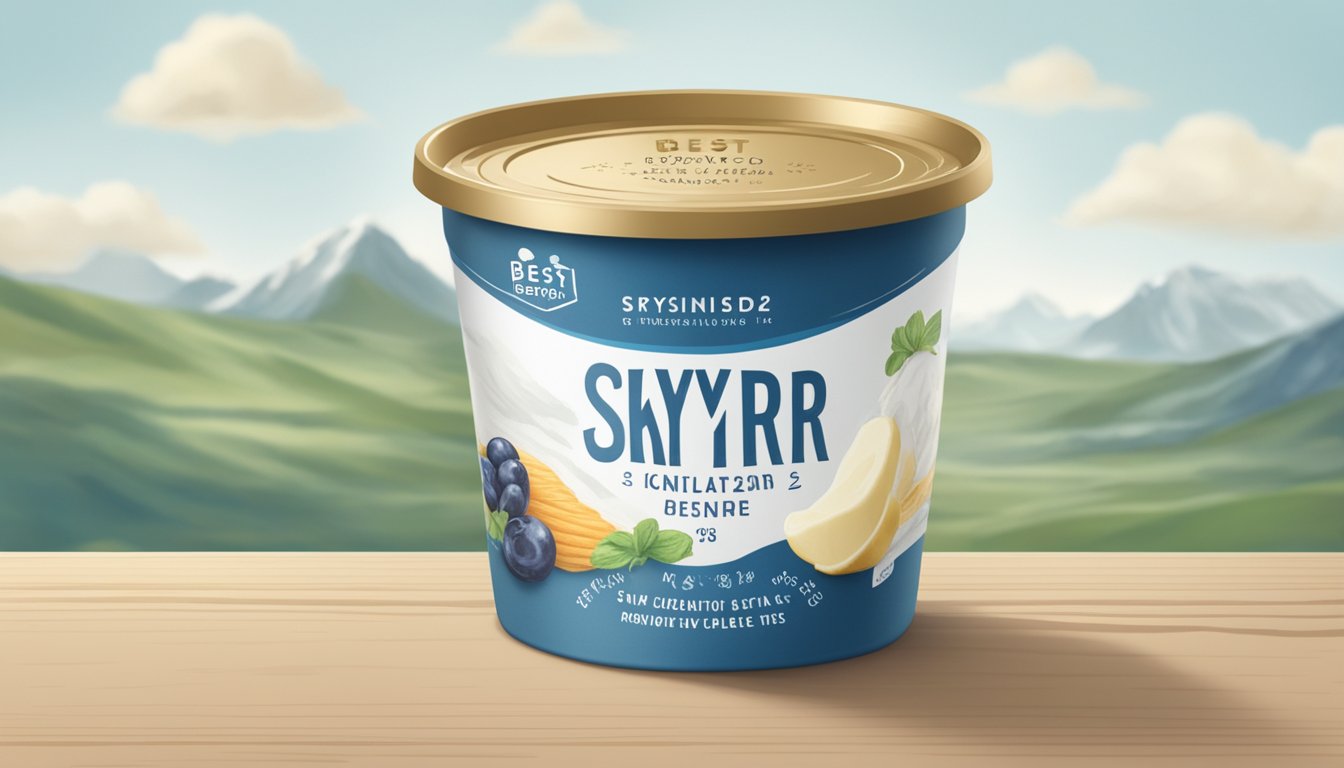 A container of Icelandic Provisions Skyr sits unopened on a shelf, with a "best by" date clearly visible