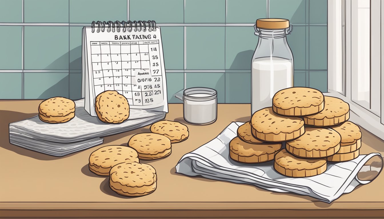 A kitchen counter with a freshly baked batch of Immaculate Baking Organic Flaky Biscuits next to a calendar showing the current date and the expiration date circled