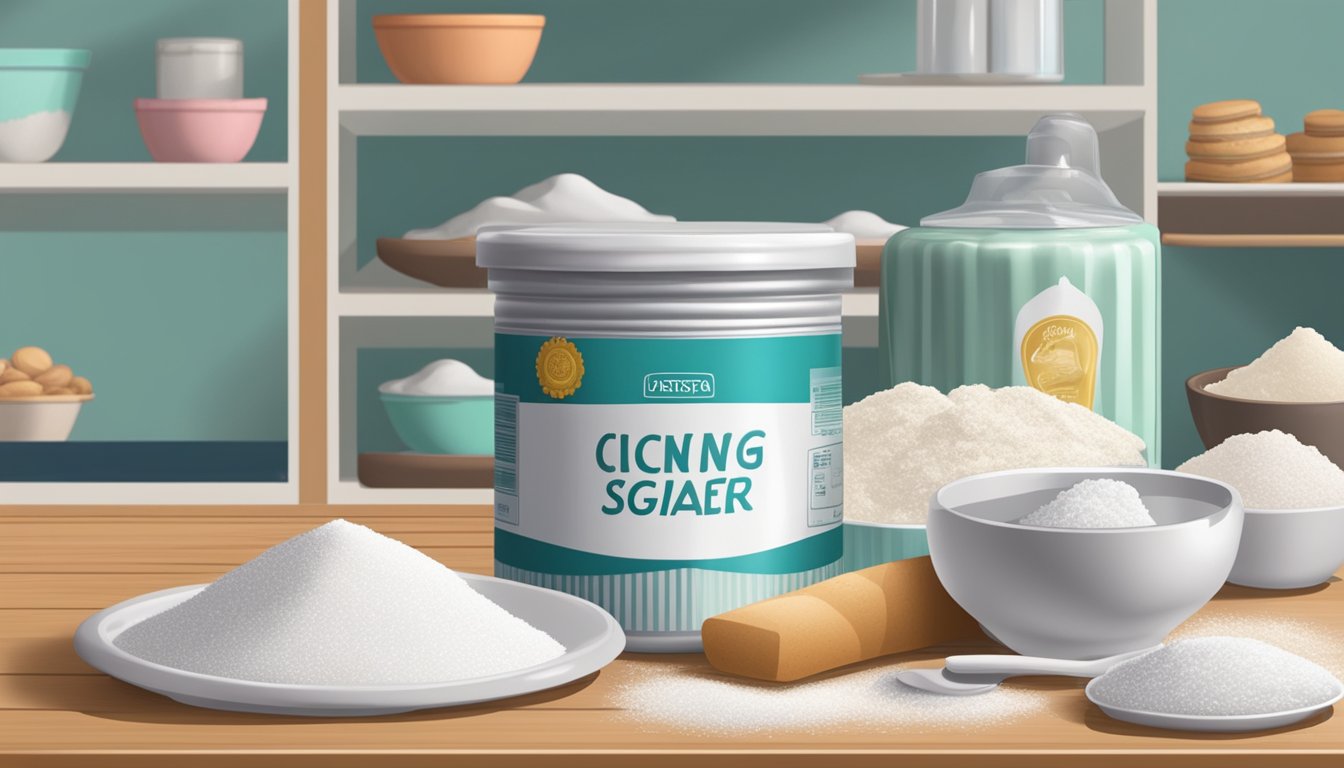 A sealed container of icing sugar sits on a shelf, surrounded by other baking ingredients. The label indicates the expiration date