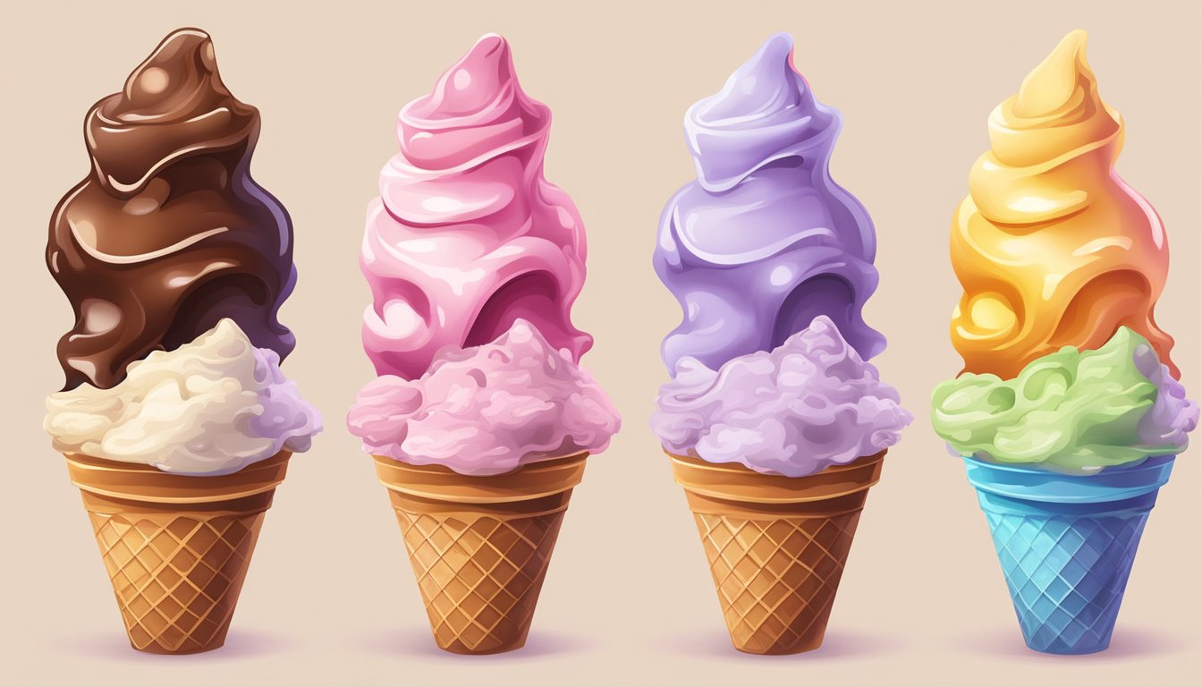 A melting ice cream cone surrounded by various types of ice cream in different stages of melting