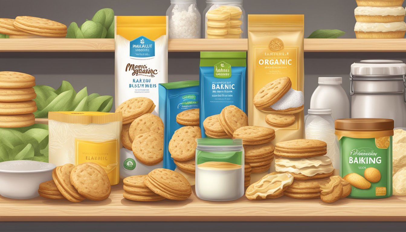 A shelf with a package of Immaculate Baking Organic Flaky Biscuits, surrounded by fresh ingredients like butter, flour, and buttermilk