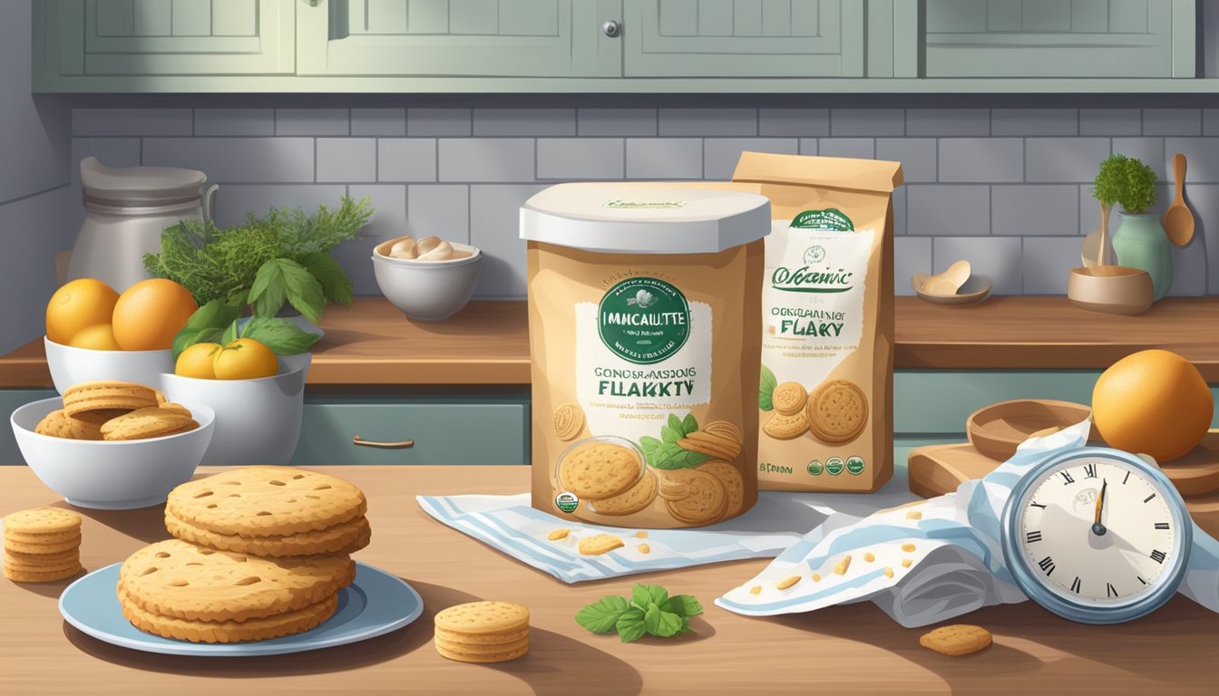 A kitchen counter with an open package of Immaculate Baking Organic Flaky Biscuits, surrounded by fresh ingredients and a clock showing the current time