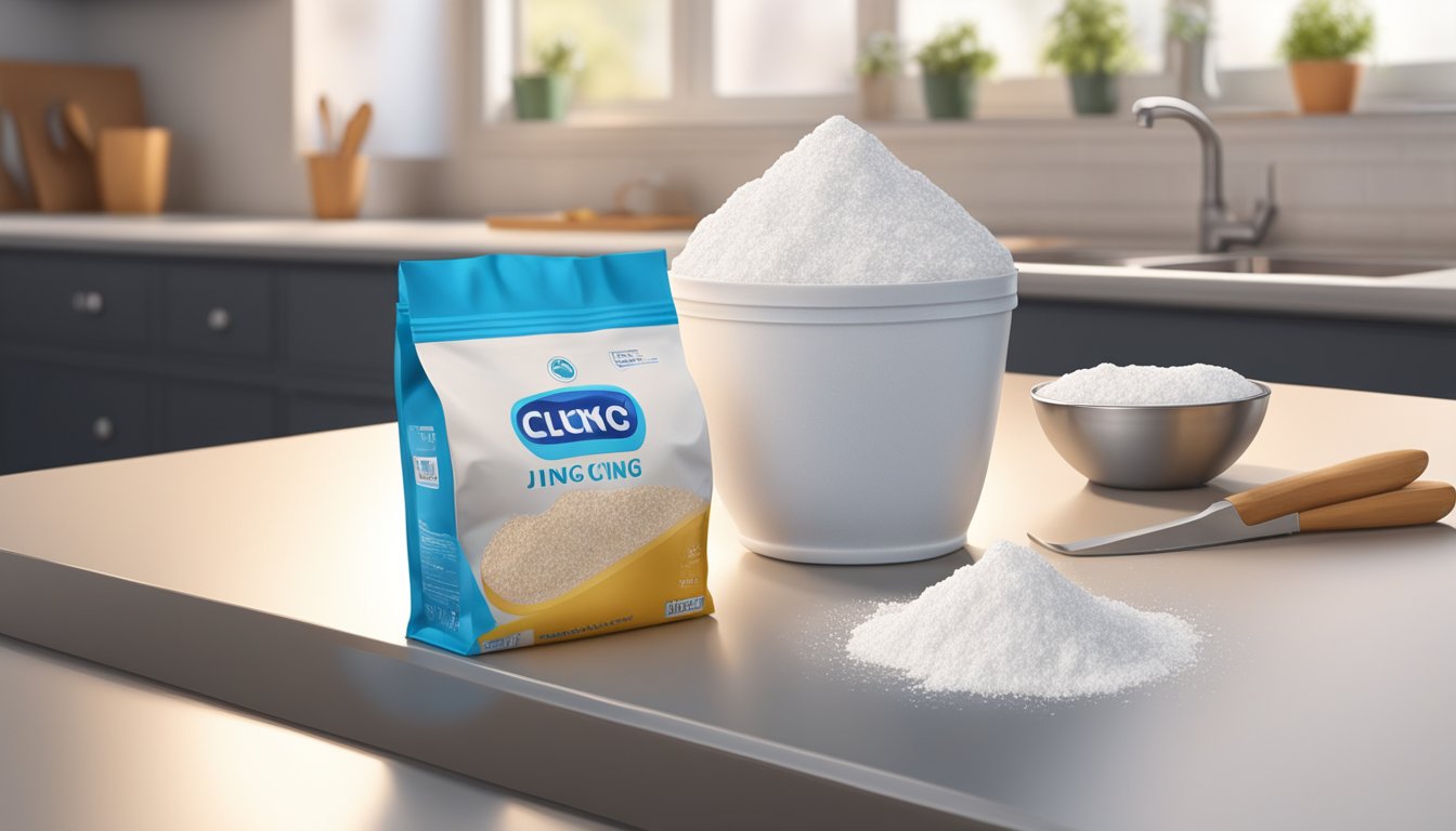 A bag of icing sugar sits open on a kitchen counter, next to a calendar showing the current date. A few small clumps are visible in the sugar