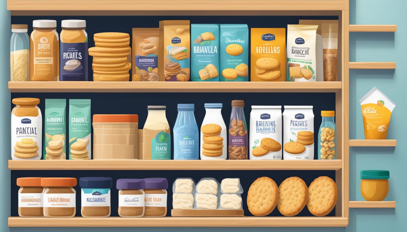 A pantry shelf with a package of Immaculate Baking Organic Flaky Biscuits, surrounded by other pantry items