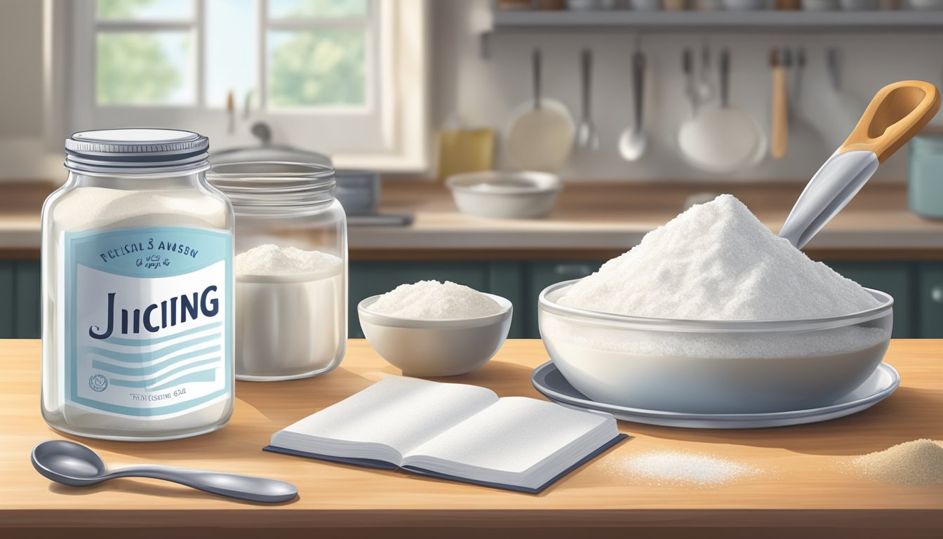 A jar of icing sugar sits on a kitchen counter next to a measuring spoon and a recipe book