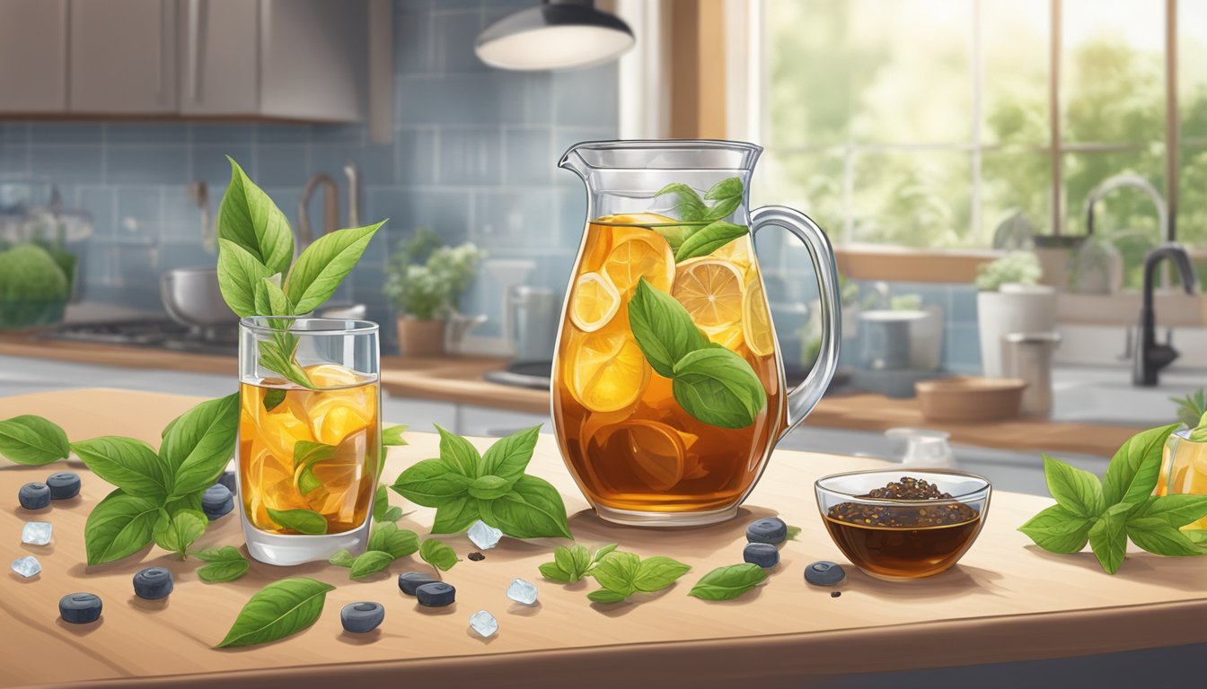 A glass pitcher of iced tea mix sits on a kitchen counter, surrounded by various types of tea leaves and flavorings