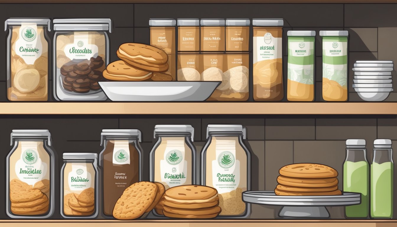 A kitchen pantry shelf with a package of Immaculate Baking Organic Flaky Biscuits, surrounded by other organic and eco-friendly food items