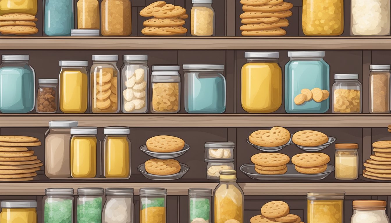 A kitchen pantry with neatly arranged shelves of Immaculate Baking Organic Flaky Biscuits in their packaging, surrounded by other pantry items