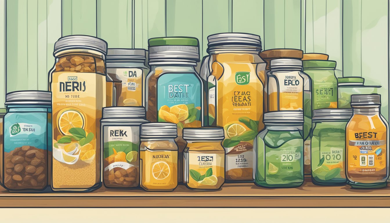 A jar of iced tea mix sits on a shelf, surrounded by various expiration date indicators such as "best by" dates and packaging symbols