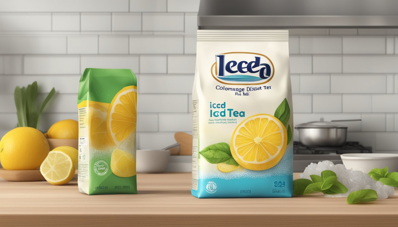 A packet of iced tea mix with visible signs of spoilage, such as clumping or discoloration, sitting on a kitchen counter