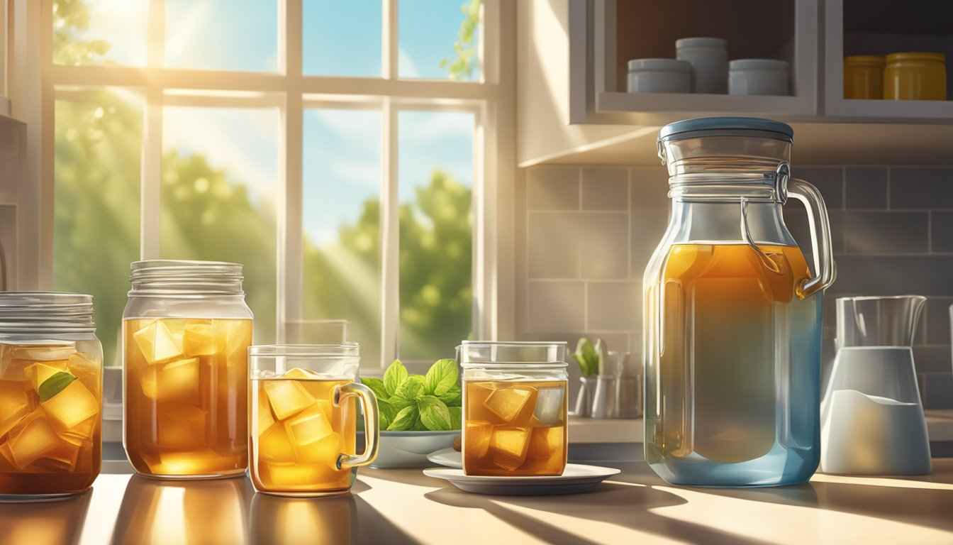 A jar of iced tea mix sits on a kitchen counter, surrounded by empty glasses and a pitcher of water. The sunlight streams in through the window, casting a warm glow on the scene