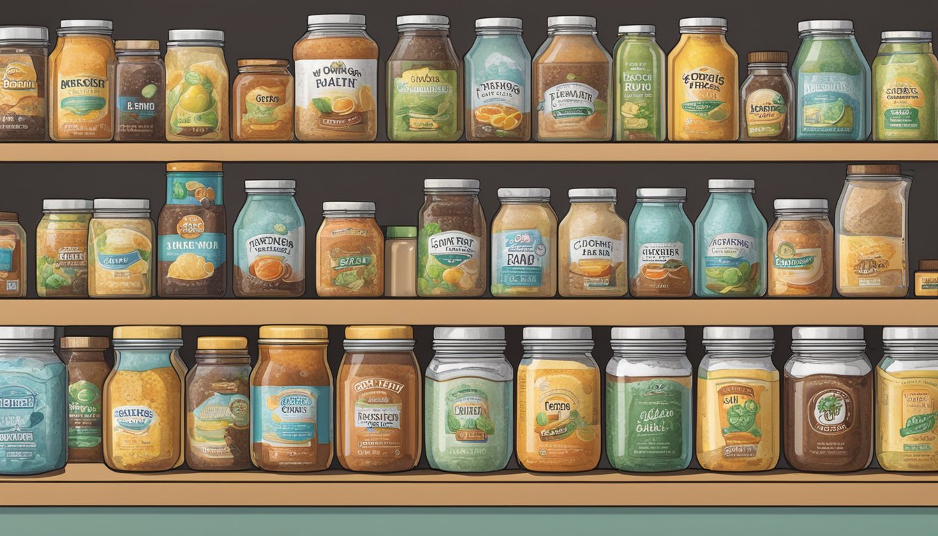 A jar of iced tea mix sits on a shelf, surrounded by various expiration dates on other products