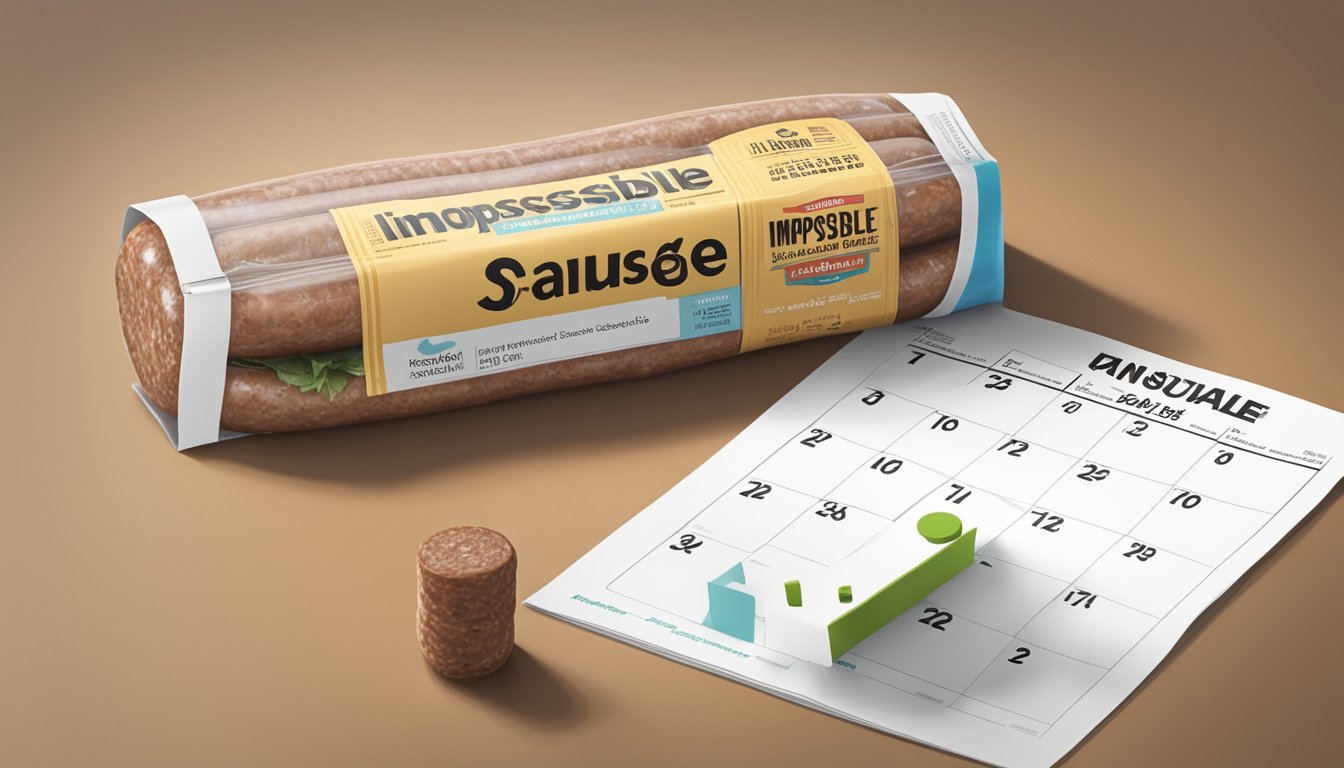 A package of Impossible Sausage sits on a kitchen counter next to a calendar showing the current date, conveying the question of its shelf life