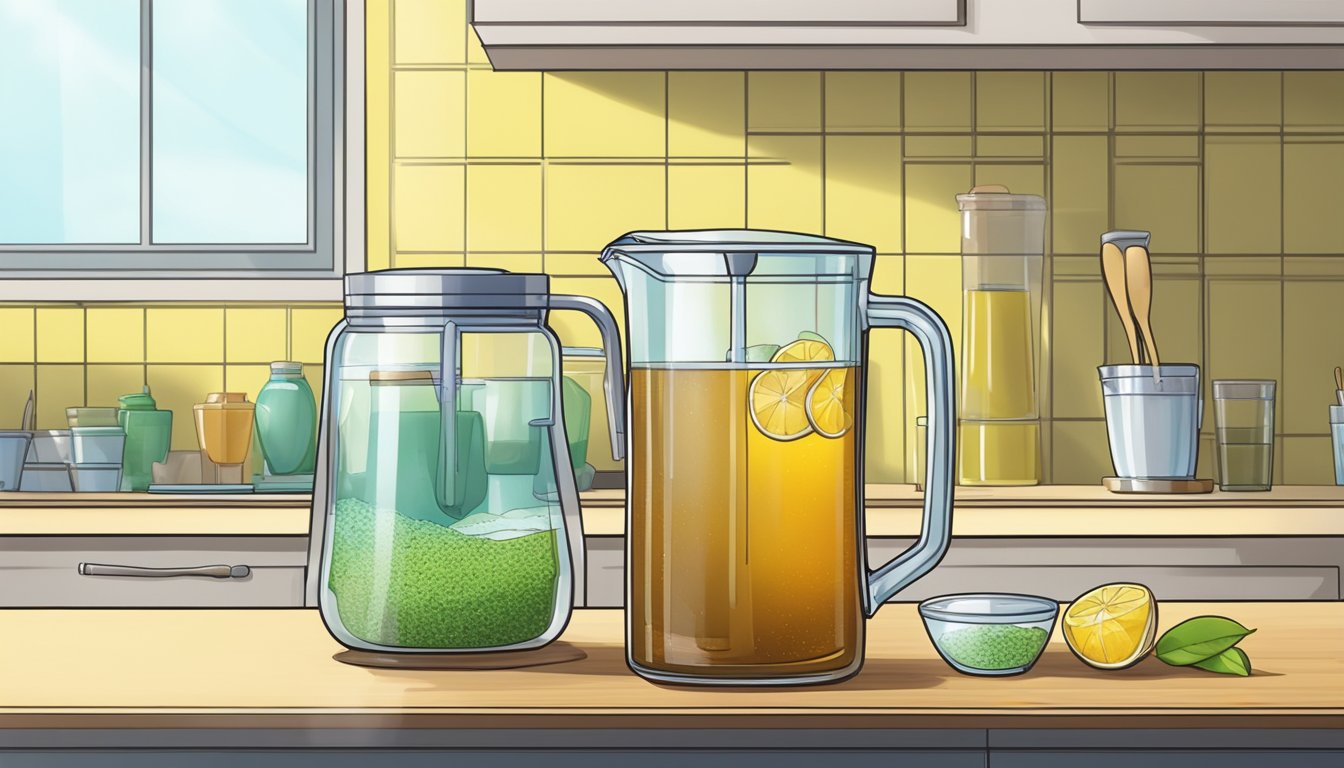 A glass pitcher filled with iced tea mix powder and a spoon resting on the counter next to it