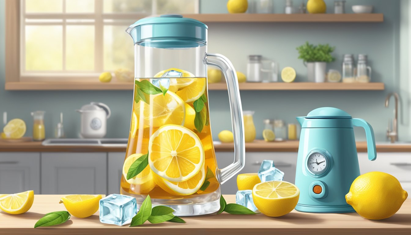 A pitcher of iced tea mix sits on a countertop, surrounded by lemons and ice cubes. A timer on the wall indicates the passage of time