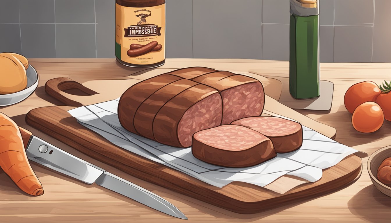 A package of Impossible Sausage sits on a kitchen counter next to a cutting board and knife. The sausage is being sliced into pieces for cooking