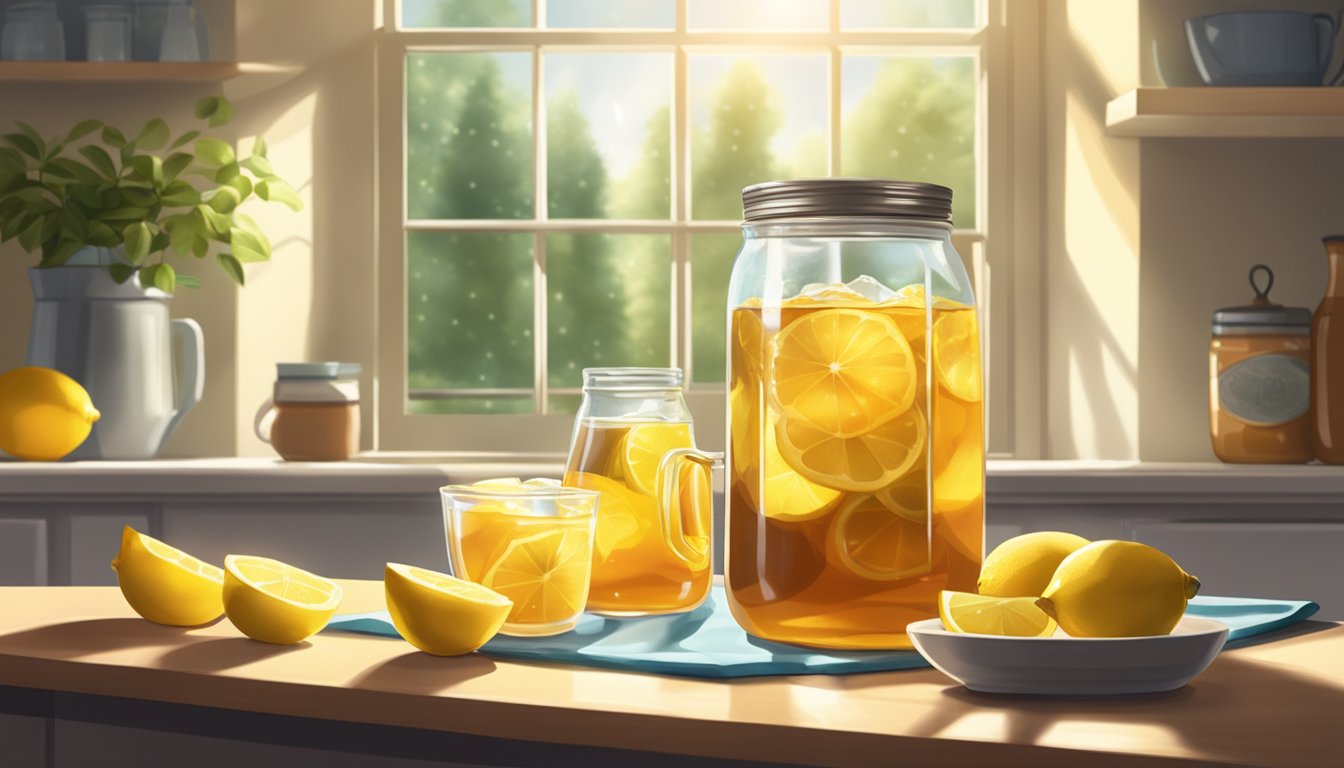 A jar of iced tea mix sits on a kitchen counter, surrounded by lemons and a pitcher of water. Sunshine streams through the window, casting a warm glow over the scene