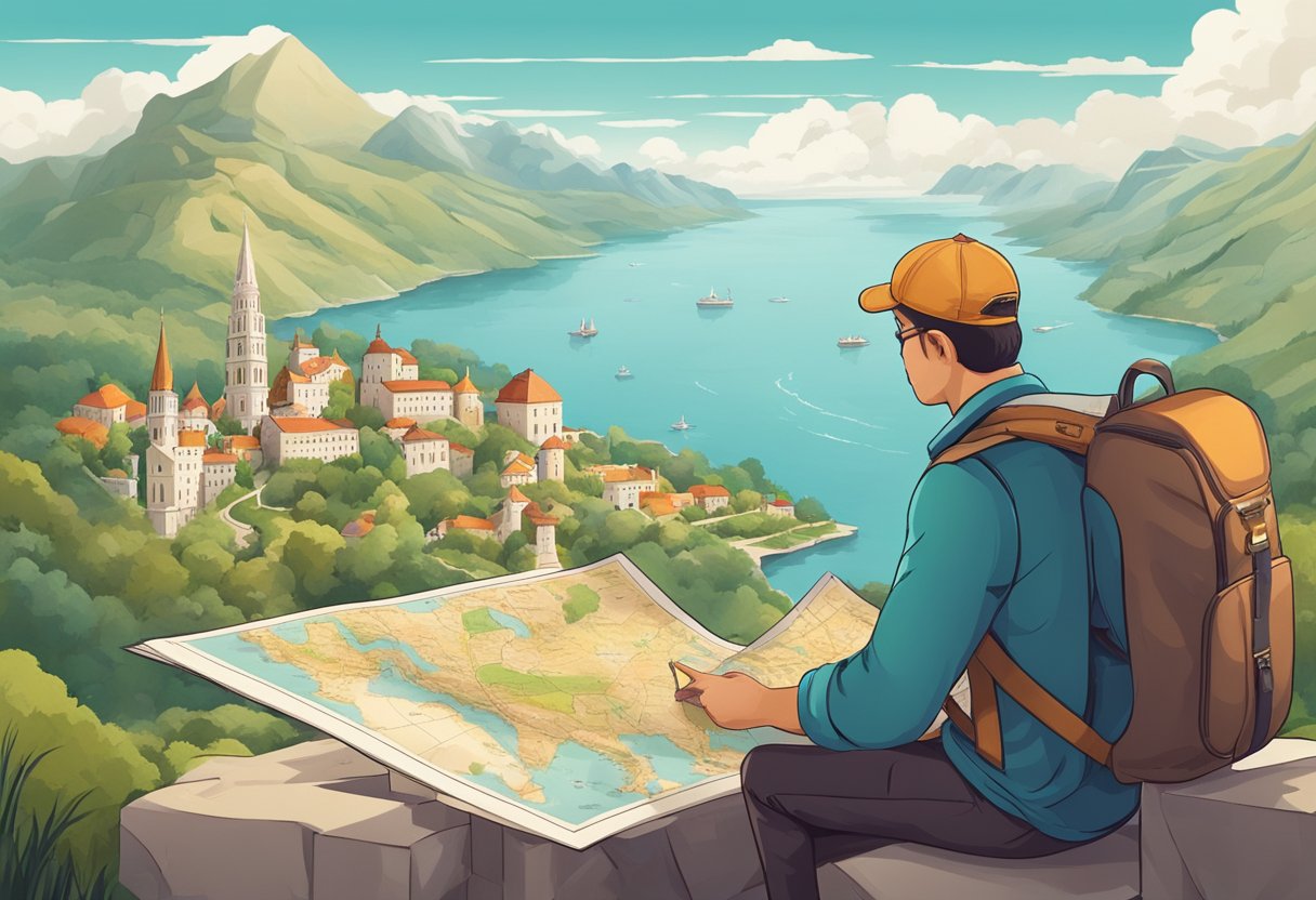 A traveler pondering a map, surrounded by diverse landscapes and landmarks, with a thoughtful expression