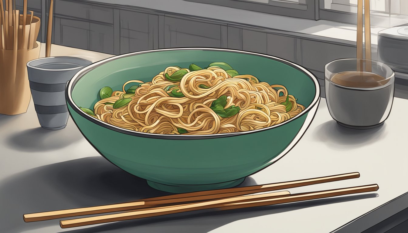 A steaming bowl of lo mein noodles sits on a kitchen counter, with a pair of chopsticks resting on the side