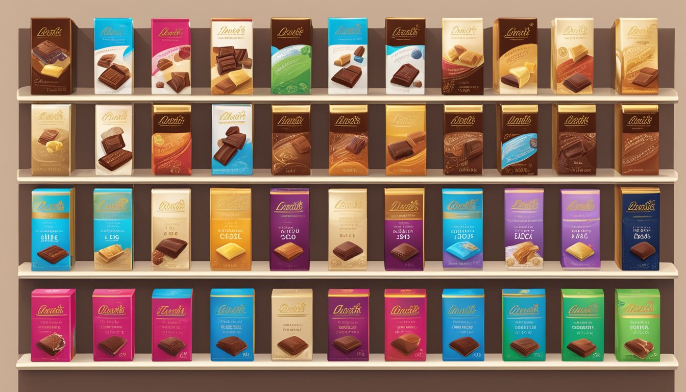 A shelf with Lindt chocolate bars, varying in packaging and flavors, arranged neatly with expiration dates visible