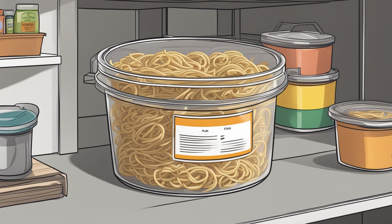 Airtight container with lo mein noodles, labeled with date, stored in pantry