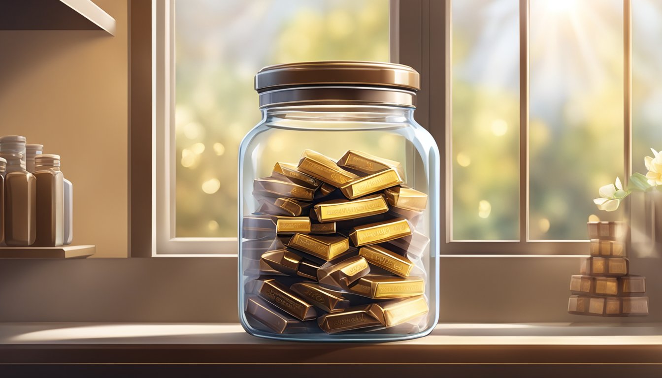 A glass jar filled with Lindt chocolate bars sits on a cool, dry shelf away from direct sunlight