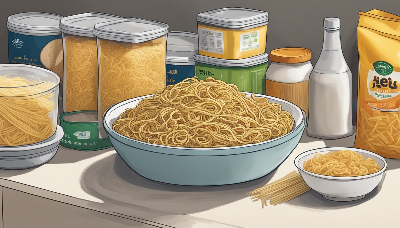 A container of lo mein noodles sits on a kitchen shelf, surrounded by other food items. The noodles are slightly dried out and starting to lose their freshness