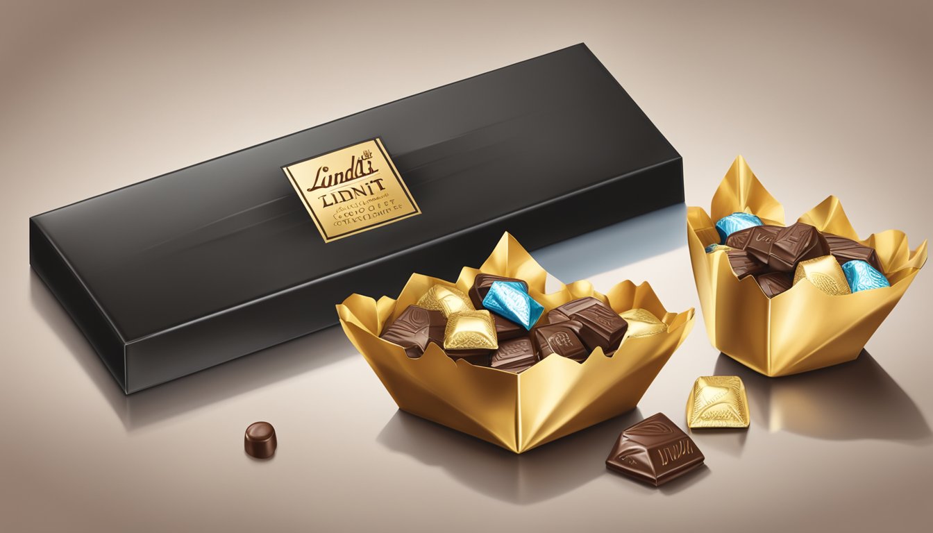 A pristine, unopened Lindt chocolate sits next to an opened one, with a few scattered foil wrappers