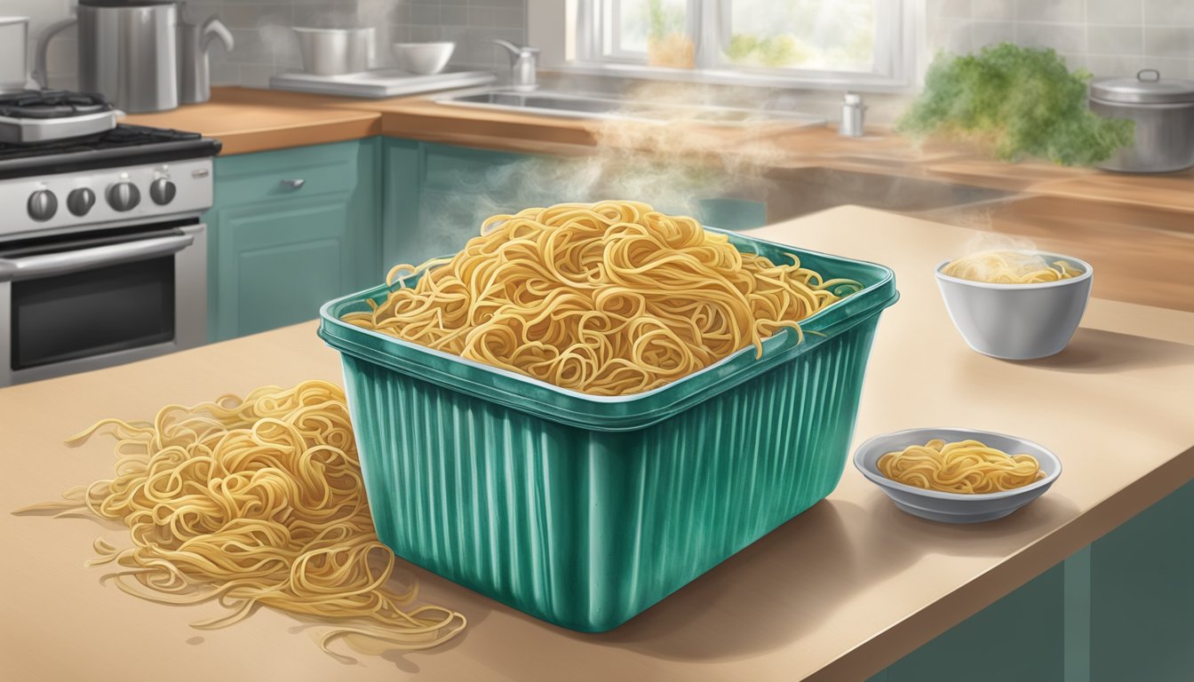 A container of lo mein noodles left out on the kitchen counter, covered in mold and emitting a foul odor