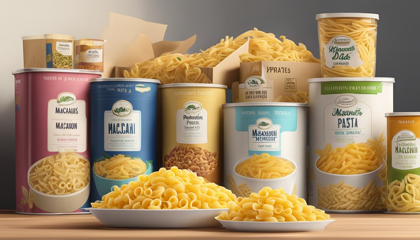 A box of macaroni pasta sits on a pantry shelf, surrounded by other pasta varieties. The expiration date is visible on the packaging