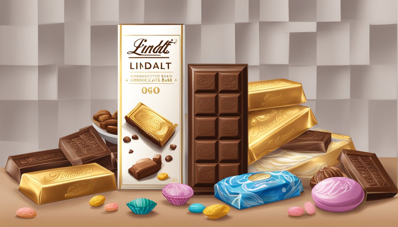 A sealed Lindt chocolate bar sits on a shelf, surrounded by other confectionery items. The packaging is intact and free from any signs of damage or tampering