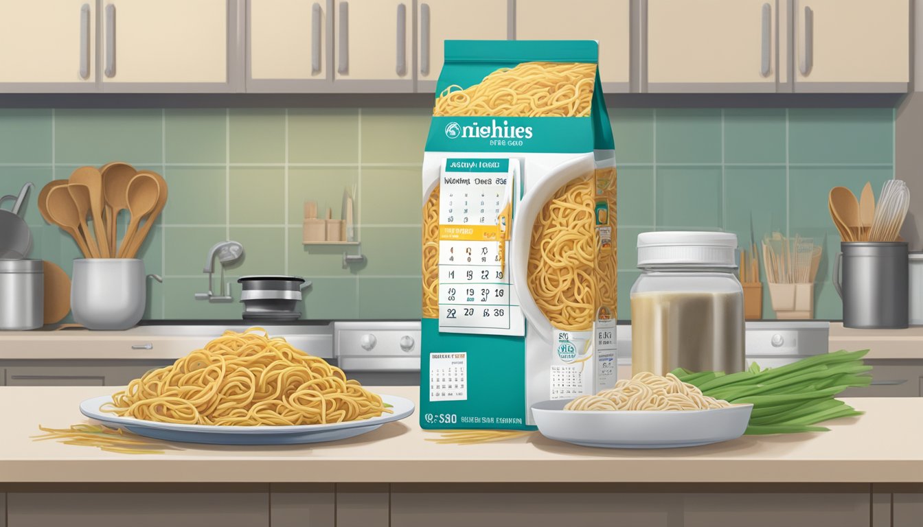 A package of lo mein noodles sits on a clean, well-organized kitchen counter next to a calendar marking the expiration date