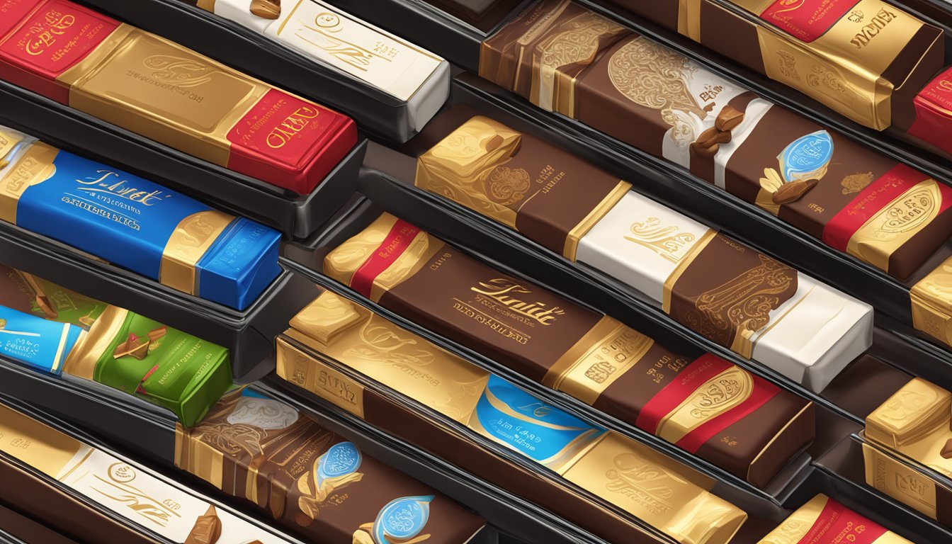 A shelf with various Lindt chocolate bars, some wrapped, some open, with expiration dates visible