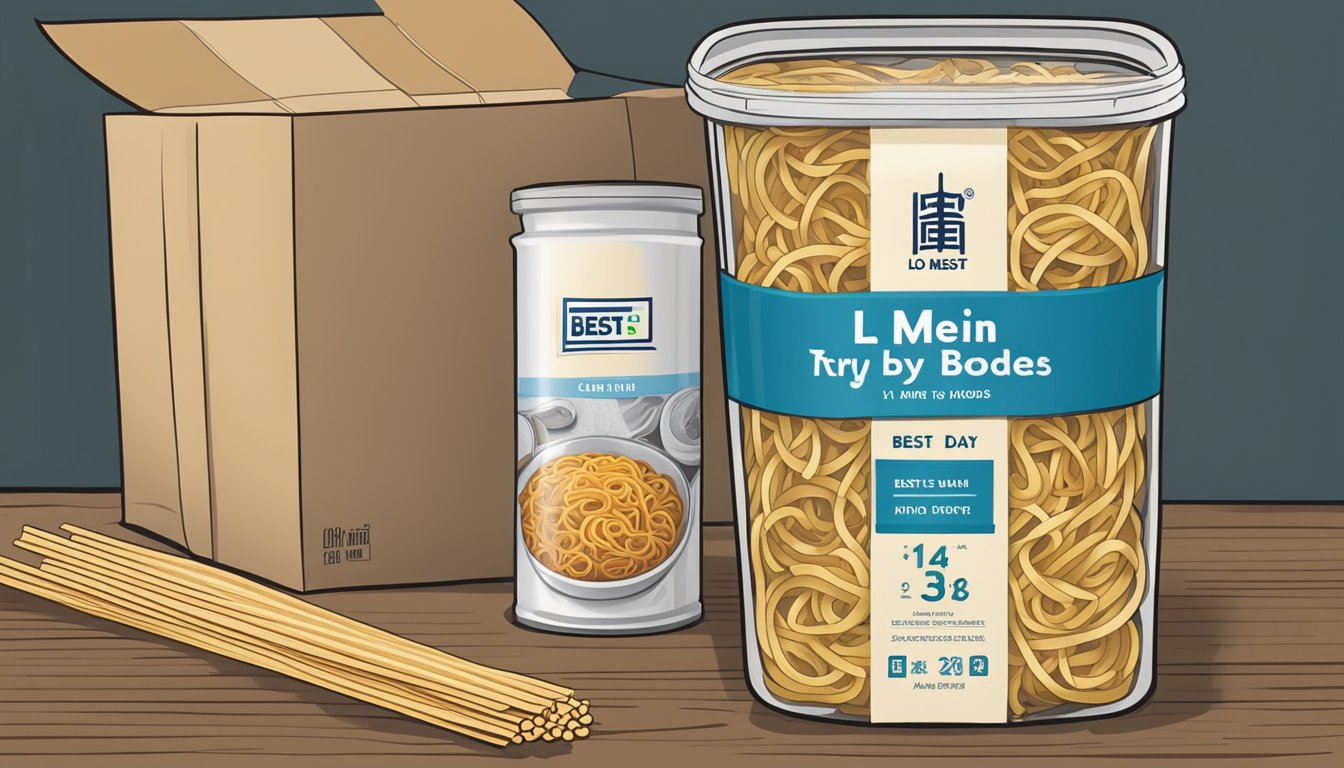 A sealed container of lo mein noodles sits in a pantry next to other dry goods, with a "best by" date visible on the packaging