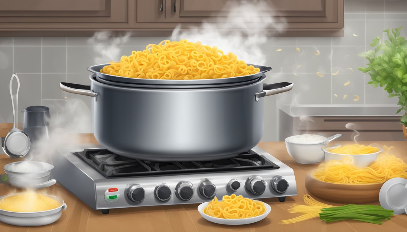 A pot of macaroni pasta boiling on the stove, steam rising, timer set for the recommended cooking time