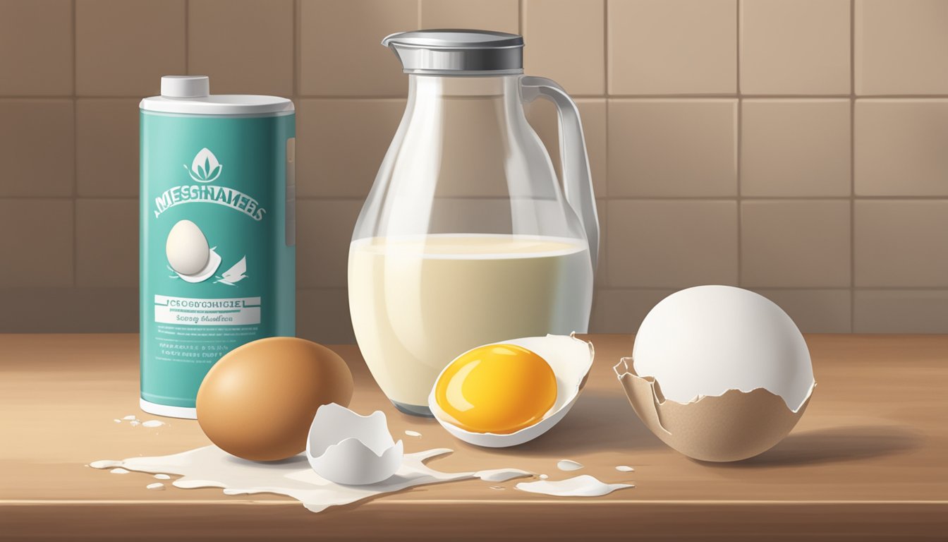 A carton of liquid egg substitute sits on a kitchen counter next to a cracked eggshell and a measuring cup