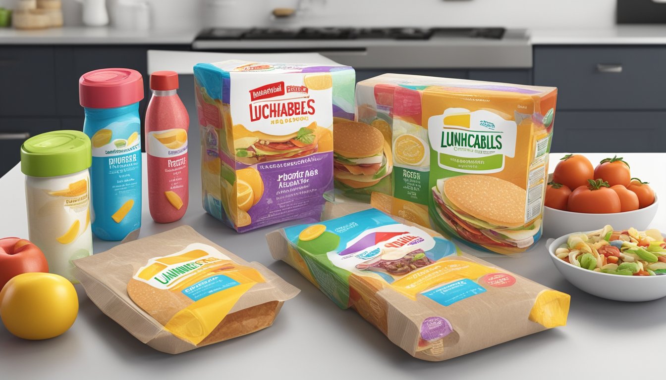 A Lunchables package sits on a clean, organized kitchen counter, surrounded by colorful ingredients and utensils. The packaging is unopened, with a visible expiration date