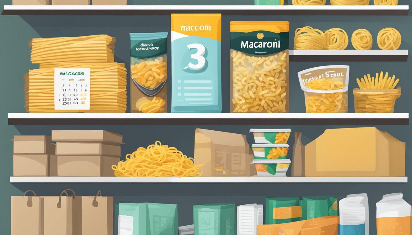 A pantry shelf with a package of macaroni pasta, a calendar, and a grocery receipt