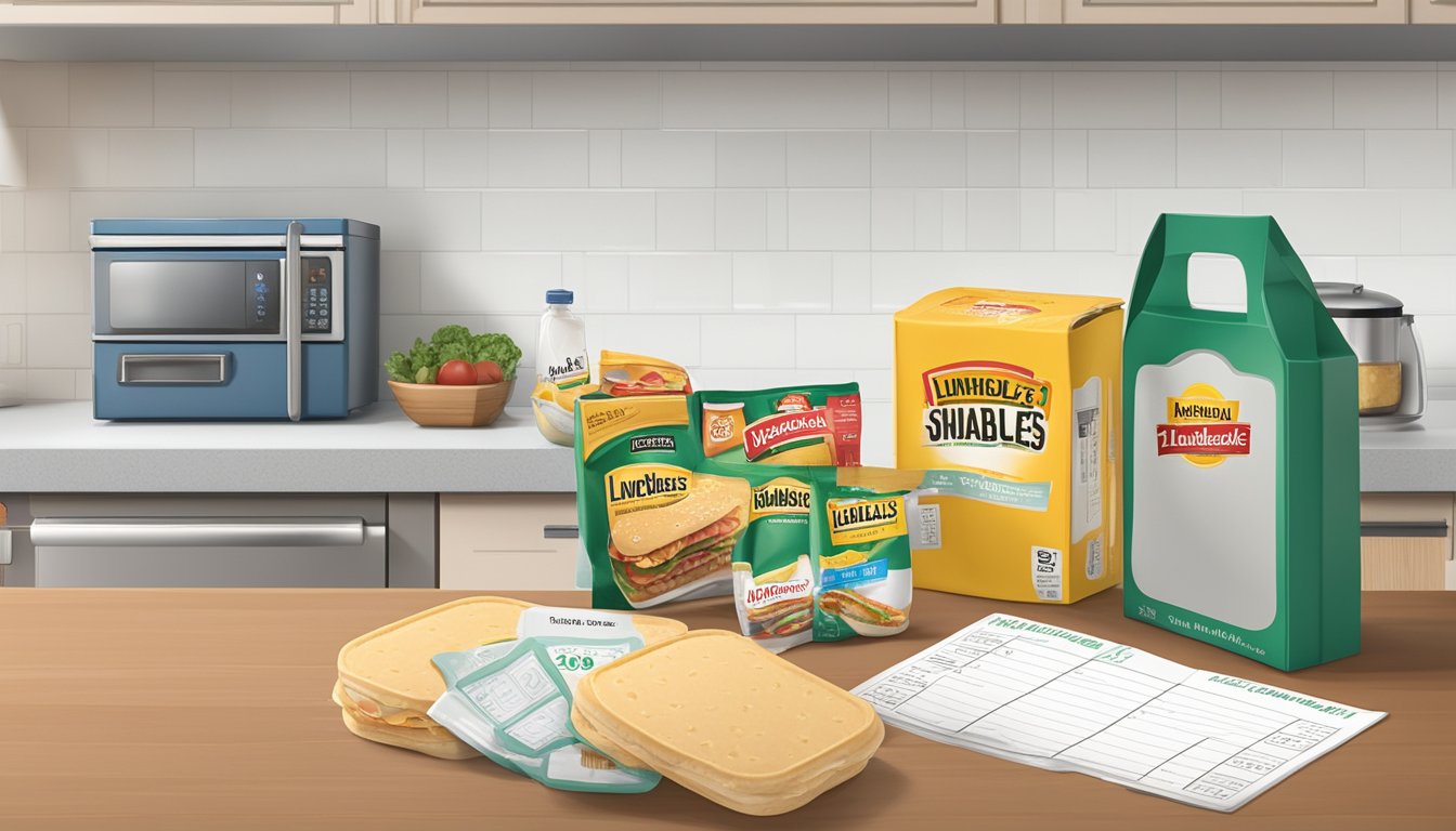 A Lunchables package sits on a kitchen counter, surrounded by a calendar, clock, and expiration date label