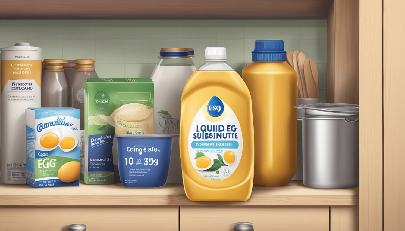 A carton of liquid egg substitute sits on a kitchen shelf, next to other cooking ingredients. The expiration date is clearly printed on the label