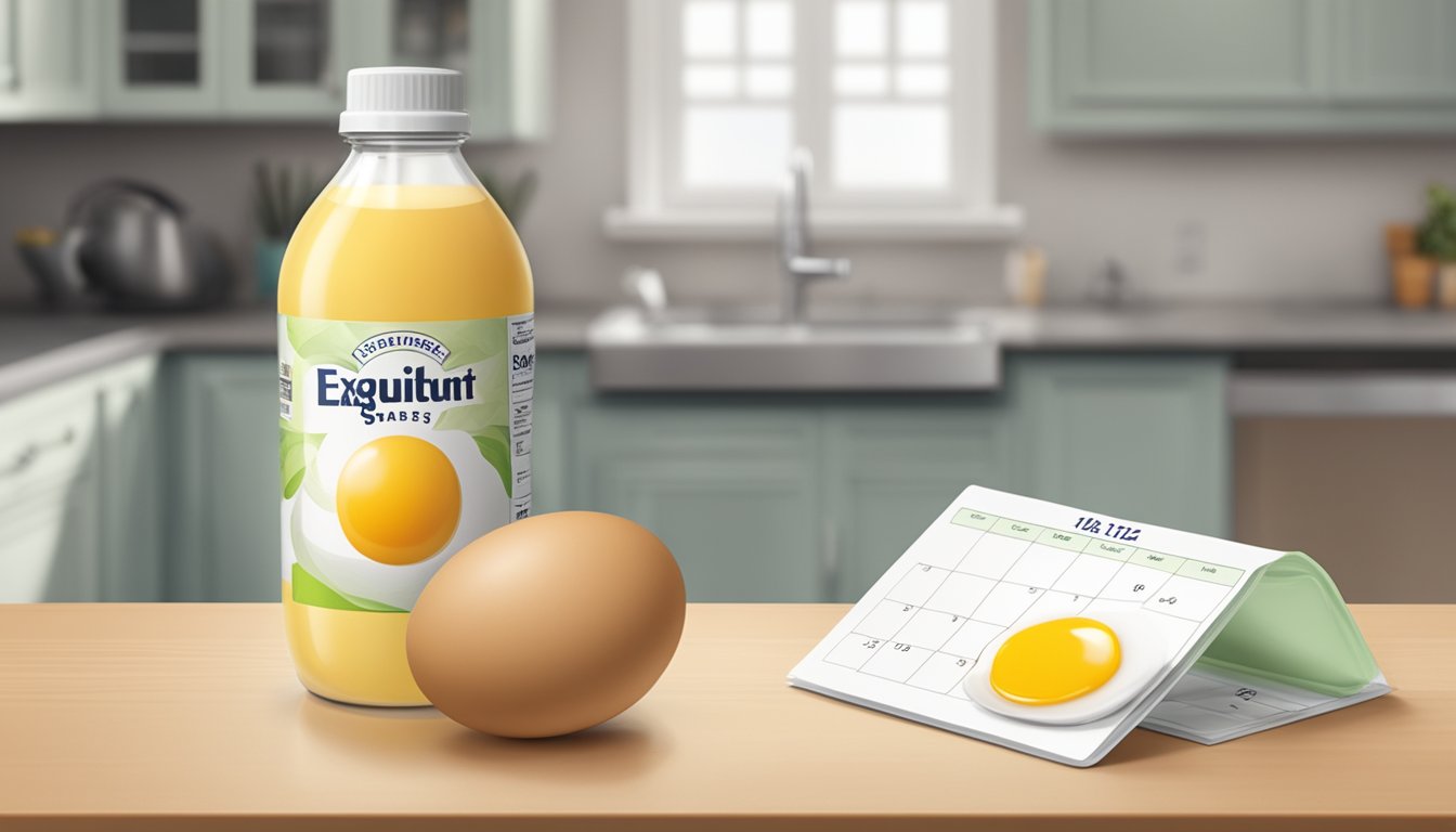 A carton of liquid egg substitute sits on a kitchen counter, with a calendar nearby showing the current date and the expiration date circled